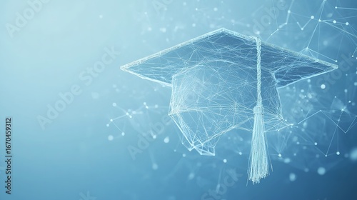 A digital rendering of a graduation cap with a tassel on a light blue gradient background