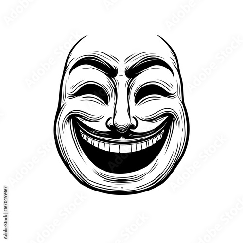 Stylized vintage engraved mask with an unsettling grin expression showing a character in simple