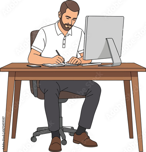 Man working on paperwork at desk with computer in office environment professional setting 