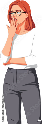 Young woman with red hair yawning and wearing glasses in casual white shirt and grey pants vector illustration 