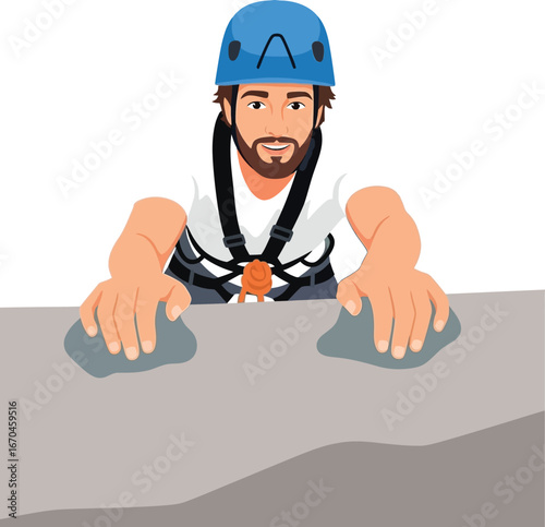 Man rock climbing with safety helmet and harness on cliff edge active outdoor sport adventure 