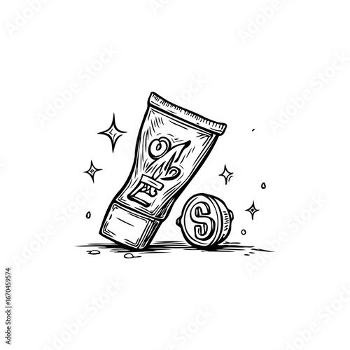 Vintage cosmetic tube illustration with sparkling elements emphasizing product freshness and