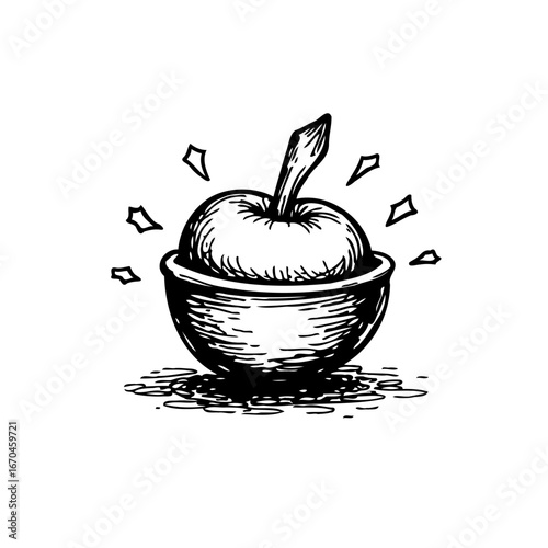 Whimsical apple illustration presented in charming bowl emanating light radiating simplicity