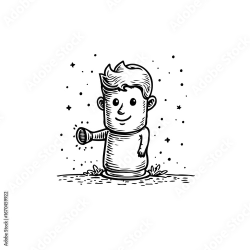 Whimsical cartoon character emerging from a watery plane casting a magical glow among the stardust