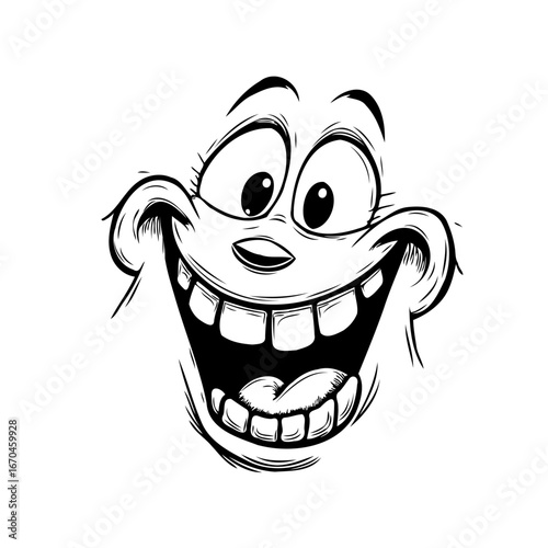 Whimsical cartoon character displaying a very large cheerful smile and expressive exaggerated