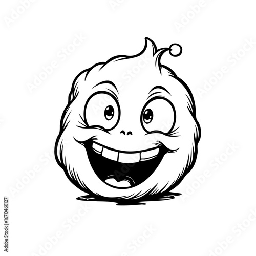 Whimsical character drawing with exaggerated features evokes playful joy and lightheartedness
