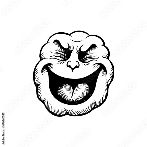 Whimsical expressive cloud face artwork featuring intricate lines and a captivatingly evil smirk