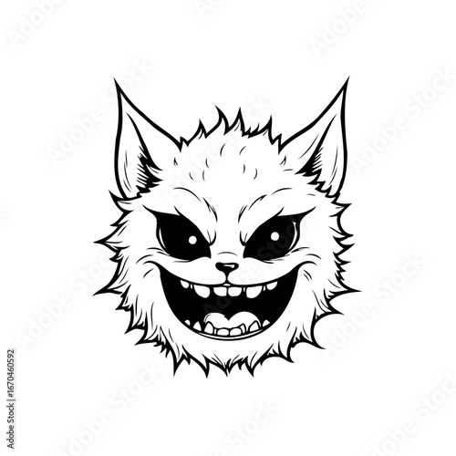 Whimsical feline creature with a mischievous grin depicted in a stylized black and white drawing