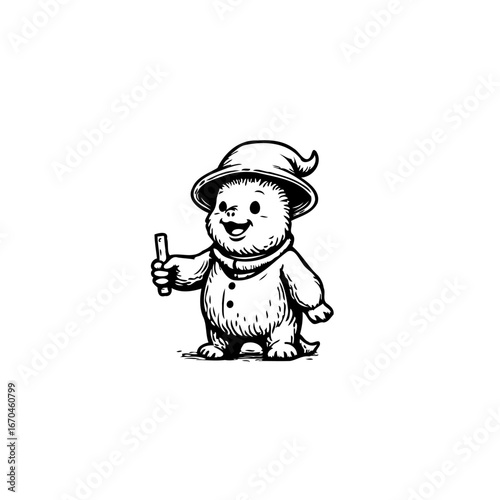 Whimsical fuzzy creature celebrating with a diminutive wand and adorable grin illustration and