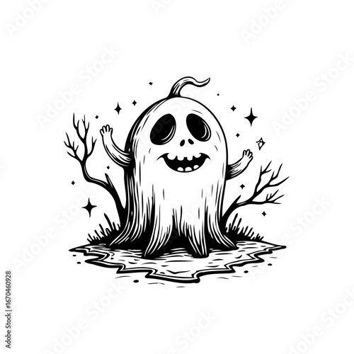 Whimsical halloween illustration featuring a friendly cartoon ghost emerging from spectral grounds