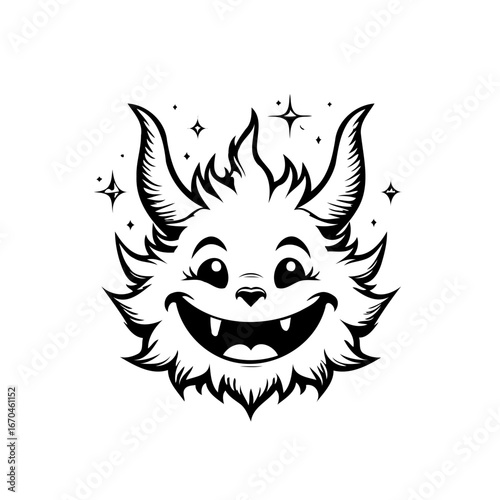 Whimsical horned creature with a cheerful expression and starbursts dancing around its head