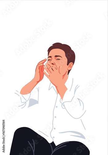 Young man yawning covering mouth with hand in casual white shirt vector illustration 