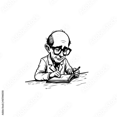 Whimsical illustration portraying an elderly gentleman thoughtfully writing in a notebook with