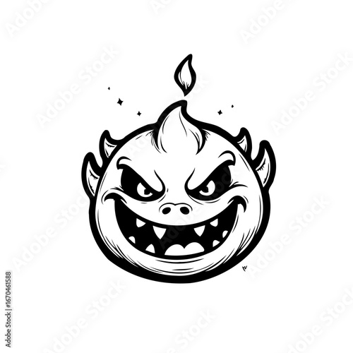 Whimsical monochrome cartoon of a fiendish character with a fiery tuft showcasing a mischievous grin