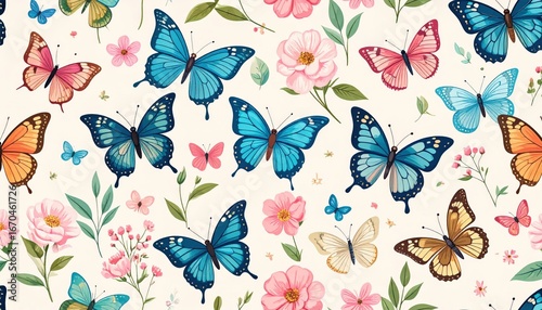 Vibrant Watercolor Butterflies and Pink Flowers in a Delicate Seamless Pattern.