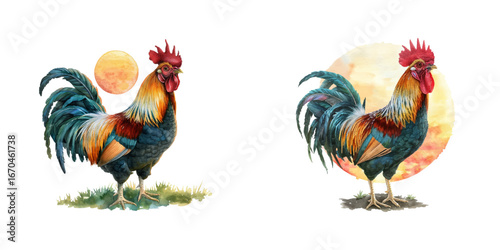 rooster crowing at sunrise watercolor vector illustration