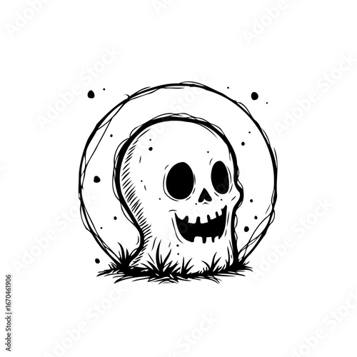 Whimsical skull illustration emerging from ground a minimalist artistic approach with an edgy