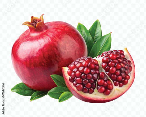 fresh pomegranate with slice and  leaves in different style isolated on transparent background
