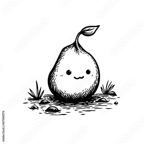 Whimsical sprouting seed with adorable face illustration evoking the nature's wonder in cute