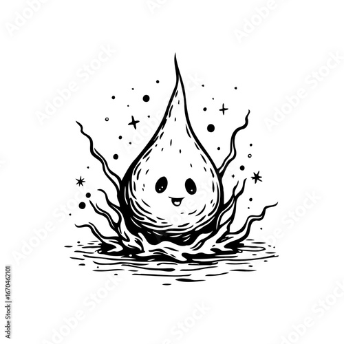 Whimsical water droplet character expressing happiness emanating from waves with stars and dots