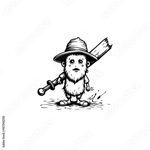 Whimsical woodland creature illustration with hat and sword character holding a broken paddle for