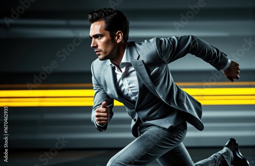 A businessman in a gray suit runs quickly through an urban environment with blurred background and motion lines