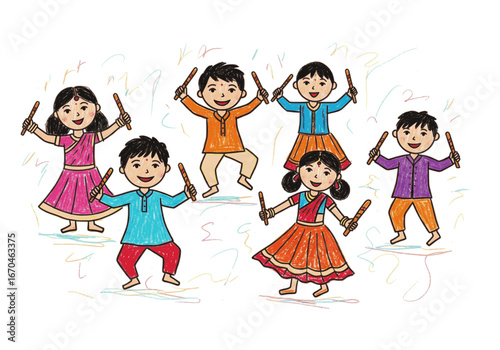 Hand-Drawn Illustration of Kids Performing Garba Dandiya Dance in Colourful Traditional Attire Transparent Background PNG.
