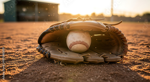 Baseball resting in glove on field at golden hour for a classic summer game moment of anticipation