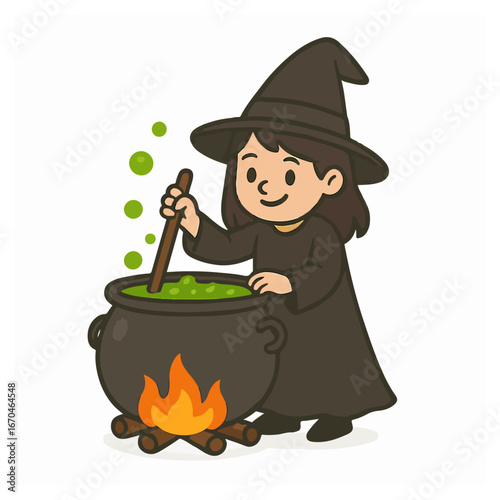 A charming cartoon witch with a pointed hat happily stirs a vibrant green bubbling potion in a large iron cauldron over a crackling firewood fire, evoking a mystical and festive Halloween spirit