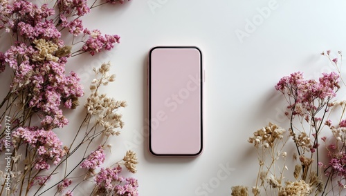 Pink phone surrounded by dried flowers