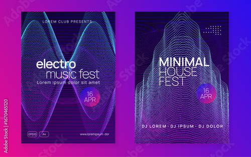 Music Poster. Electro Invite. Pink Edm Banner. Discotheque Set. Soundwave Disco Invitation. Party Festival Element. Violet Techno Design. Green Music Poster