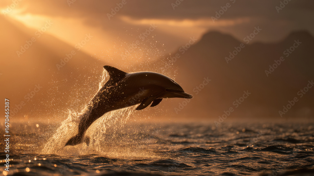 Fototapeta premium Bottlenose dolphin leaping out of the ocean at sunrise with golden sunlight and water droplets in the air creating a dramatic wildlife scene in early morning tropical seascape photography
