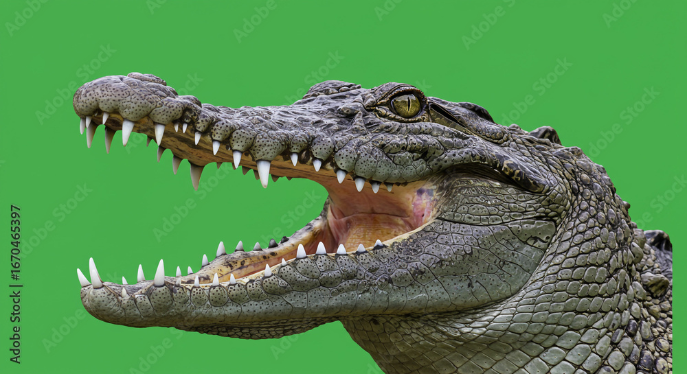 Fototapeta premium Fierce crocodile opens mouth showing sharp teeth, ready to strike, a powerful predator with reptilian scales
