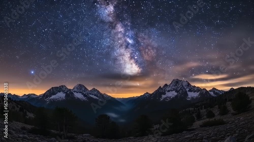 Stunning view of the Milky Way over snow capped mountains at night, landscape photograph