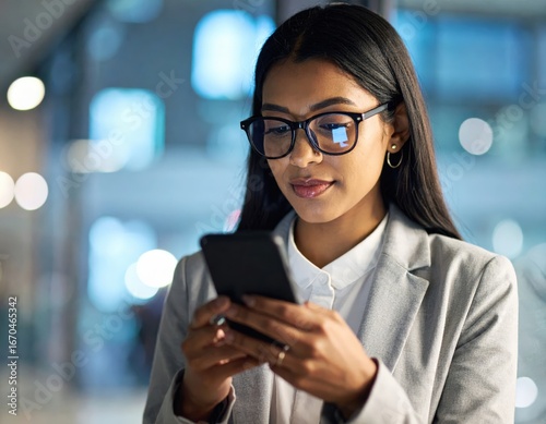 Focused Businesswoman Using Smartphone at Night Screen Reflecting in Glasses.