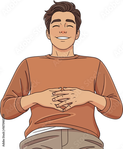 Smiling man lying down relaxed with hands crossed on stomach vector illustration 