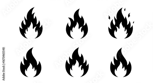 Set of  black fire flame vector icons. Simple flat burning fire silhouette collection. Hot energy symbol for graphic design. Blaze pictogram illustration isolated.
