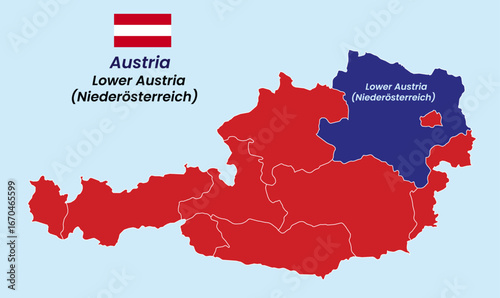 Map of Austria, Map of Austria states, Burgenland, Carinthia, Lower Austria, Upper Austria, Salzburg, Styria, Tyrol (Tirol), Vorarlberg, Vienna.
