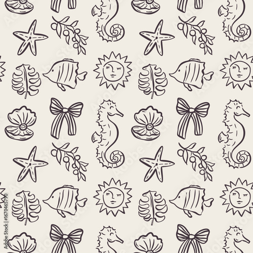 Whimsical hand drawn summer seamless pattern in trendy hand drawn style. Perfect background for quirky italian wedding holiday, poster cards, dinner and bar menu, fabric, wrapping paper