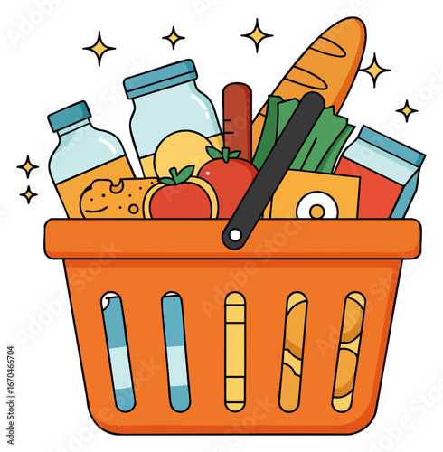 Grocery shopping basket with fresh food and pantry items vector illustration