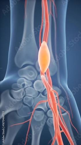 3D animation of Carpal Tunnel Syndrome with an inflamed median nerve.