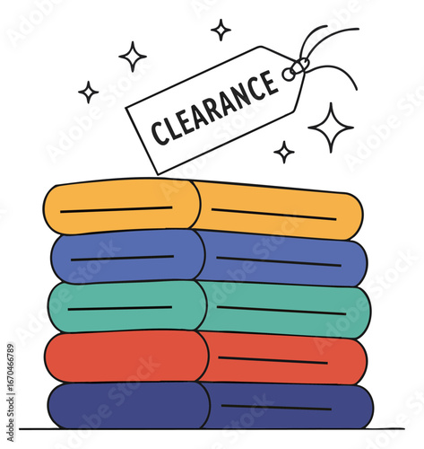 Clearance Sale Label on Stack of Folded Clothes Vector Graphic
