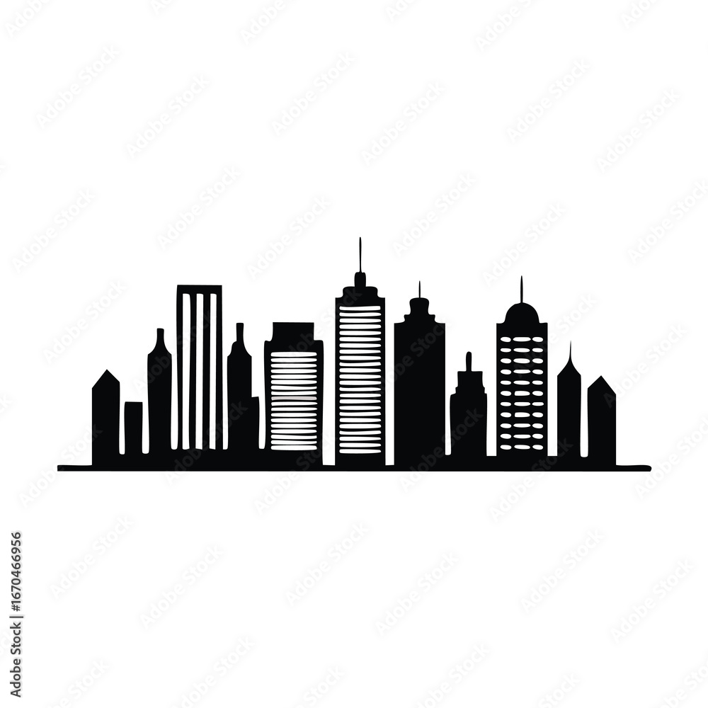 Naklejka premium Black silhouette of city buildings with varied heights and designs skyline architecture