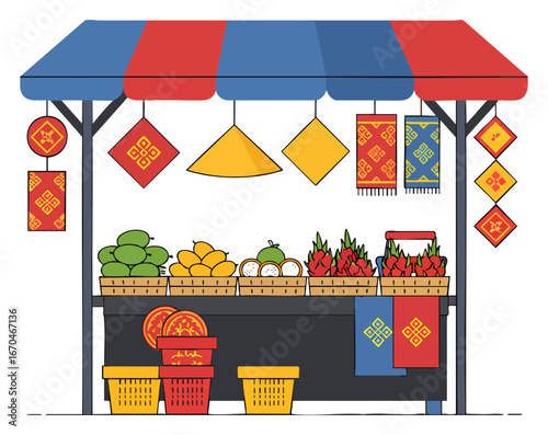 Vietnamese Street Fruit Market Stall Vector Illustration