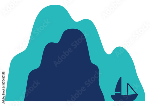 Vietnam Halong Bay seascape with sailboat minimalist vector art