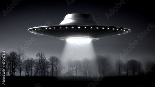 Alien spaceship over the night forest. Night photography of a UFO. The spaceship's brilliance cuts through the darkness, unveiling the beauty of the night forest.