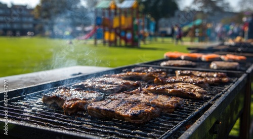 Fototapeta Naklejka Na Ścianę i Meble -  Grilled meat on a barbecue in a park
