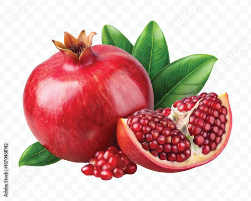 fresh pomegranate with slice and  leaves in different style isolated on transparent background