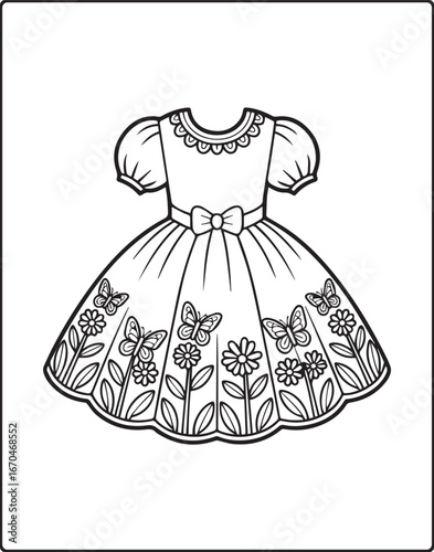 Modern and beautiful dress line art vector illustration for kids coloring page for fashion designer