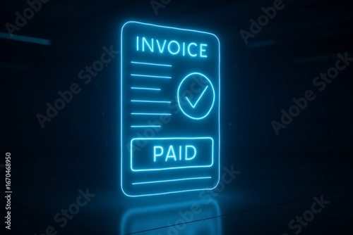 Digital invoice paid confirmation with glowing blue neon check mark